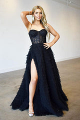 Black Spaghetti-Straps Front Split Mermaid Evening Dress with Lace Appliques