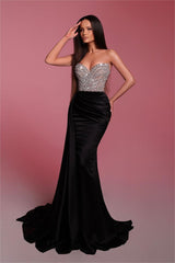Black Strapless Sleeveless Pleated Mermaid Prom Dress With Bead Embroidery