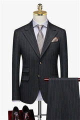 Striped Peaked Lapel Bespoke Double Breasted Black Business Suits