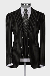 Black Striped Peaked Lapel Three Pieces Business Men Suits
