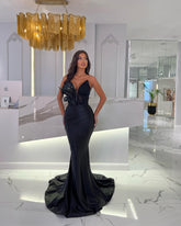 Black Stunning Feather Beaded Sweetheart Sleeveless Mermaid Prom Dress