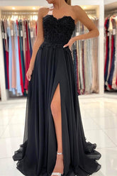Black Sweetheart Strapless Sleeveless Split Long Prom Dress With Appliques