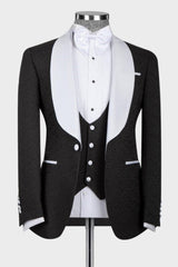 Three Pieces Black Wedding Suits With White Shawl Lapel