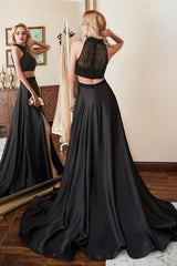Black Two Pieces High Neck Sleeveless Long Prom Dress Split With Beadings