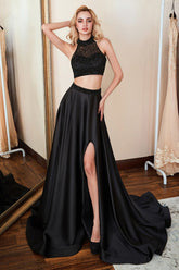 Black Two Pieces High Neck Sleeveless Long Prom Dress Split With Beadings