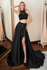 Black Two Pieces High Neck Sleeveless Long Prom Dress Split With Beadings