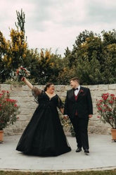 27DRESS Black V-neck Half Sleeves Plus Size A-line Wedding Dresses