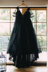 27DRESS Black V-neck Half Sleeves Plus Size A-line Wedding Dresses