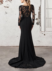 Black V-Neck Long Sleeves Lace Satin Mermaid Wedding Dresses-27dress