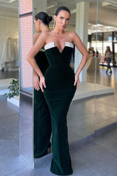 Black V Neck Velvet Strapless Mermaid Sleeveless Long Prom Dress With Pleated