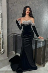 Black Velvet Long Mermaid Strapless Prom Dress with Sleeves