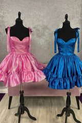 Blue Bow Straps Corset A-Line Ruffle Homecoming Dress