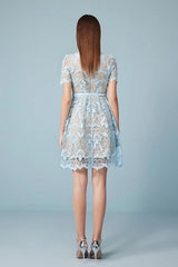 27Dress Blue Crew Neck Short Sleeves Lace Dress