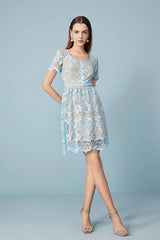 27Dress Blue Crew Neck Short Sleeves Lace Dress
