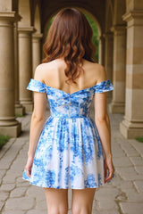 Blue Flower Off the Shoulder A Line Printed Homecoming Dress