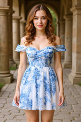 Blue Flower Off the Shoulder A Line Printed Homecoming Dress