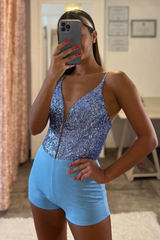 Blue Lace-Up V Neck Spaghetti Strap Long Prom Dress With Slit