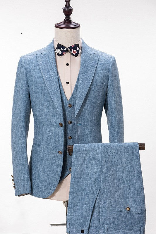 Blue Linen Three Pieces Notched Lapel Prom Suit