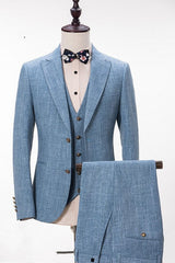 Blue Linen Three Pieces Notched Lapel Prom Suit