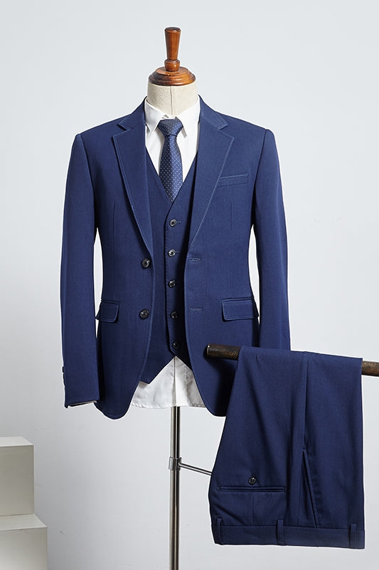 Blue Notched Lapel Three Pieces Men Suits For Business