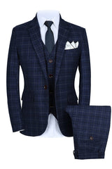 Notched Lapel Three Pieces Plaid Men Blue Wedding Suits