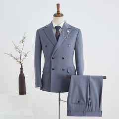 Blue Peaked Lapel Double Breasted Tailored Business Suit