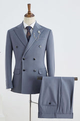 Blue Peaked Lapel Double Breasted Tailored Business Suit