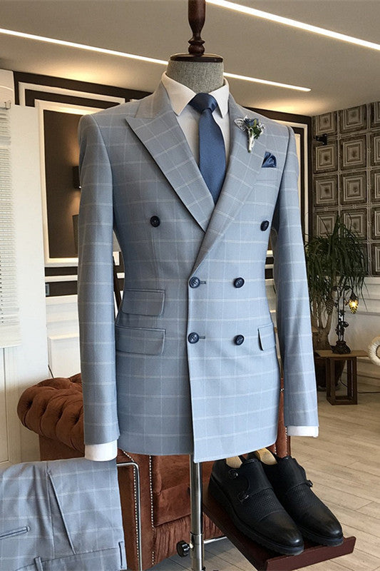 Blue Peaked Lapel Plaid Men Suits For Business