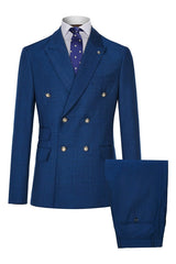 Blue Plaid Double Breasted Close Fitting Men Suits For Business