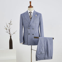 Blue Plaid Peaked Lapel Double Breasted Custom Business Suit