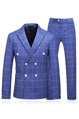 Plaid Peaked Lapel Two Pieces Men Blue Prom Suits