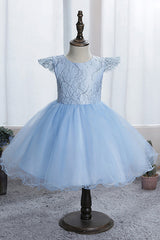 Blue Short Ball Gown Scoop Tulle Lace Flower Girl Dresses with Cap Sleeve-27dress