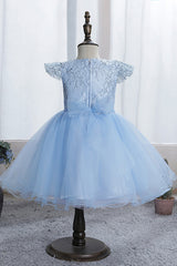 Blue Short Ball Gown Scoop Tulle Lace Flower Girl Dresses with Cap Sleeve-27dress