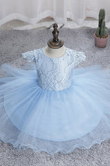 Blue Short Ball Gown Scoop Tulle Lace Flower Girl Dresses with Cap Sleeve-27dress