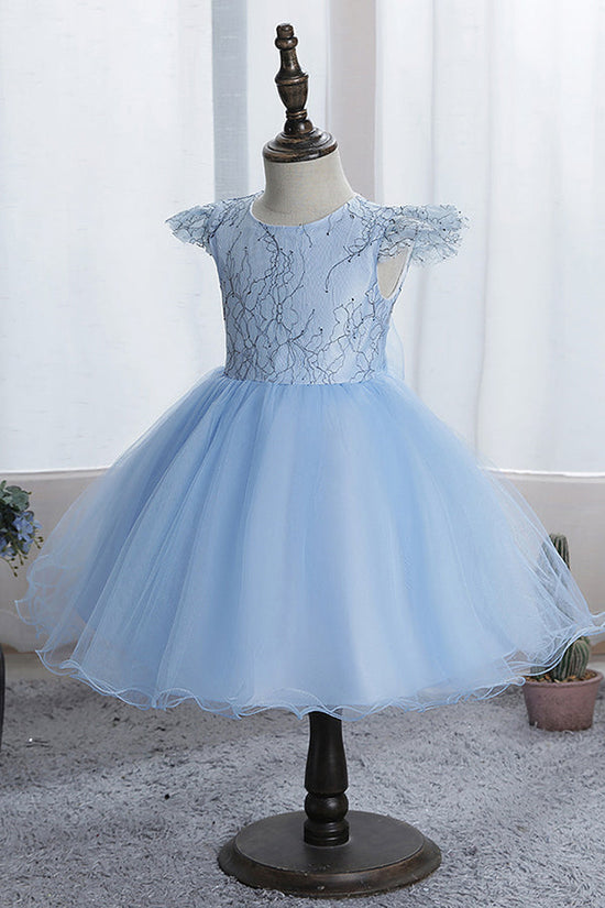 Blue Short Ball Gown Scoop Tulle Lace Flower Girl Dresses with Cap Sleeve-27dress