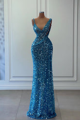 Blue Sleeveless Long Sequins Mermaid Prom Dress