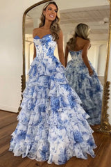 White and blue floral strapless prom dress - full length view