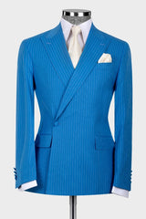 Striped Peaked Lapel Bespoke Blue Prom Suits