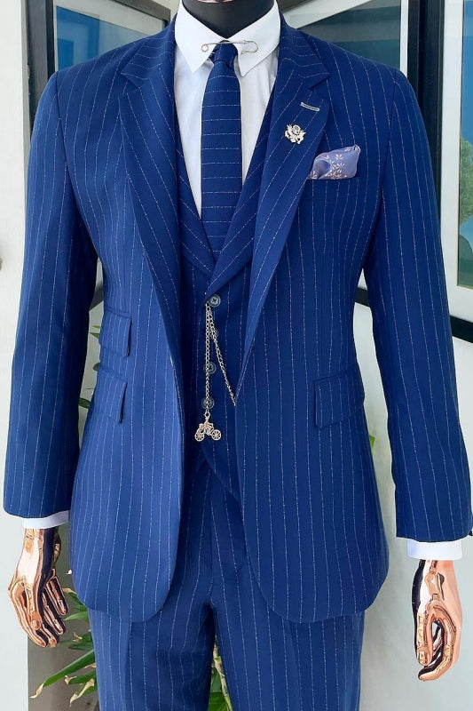 Striped Peaked Lapel Three Pieces Fancy Blue Business Suits