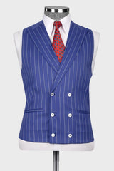 Blue Striped Peaked Lapel Three Pieces Prom Men Suits