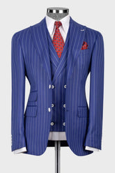 Blue Striped Peaked Lapel Three Pieces Prom Men Suits