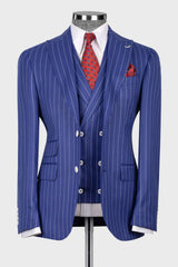 Blue Striped Peaked Lapel Three Pieces Prom Men Suits