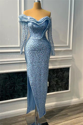 Blue Sweetheart Long Sleeves Mermaid Prom Dress Split With Beading