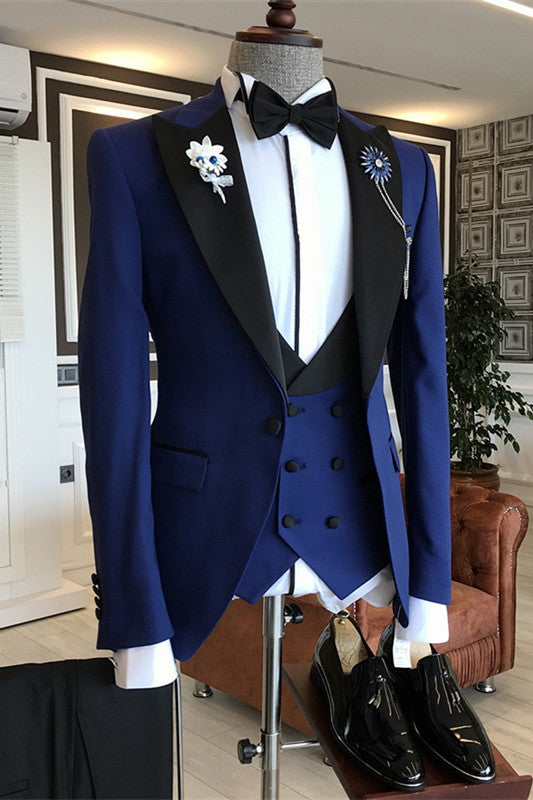 Three Pieces Bespoke Blue Wedding Suits With Black Peaked Lapel