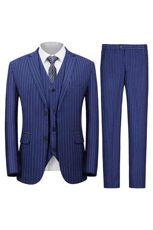 Blue Three Pieces Notched Lapel Business Men Suits