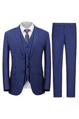 Blue Three Pieces Notched Lapel Business Men Suits