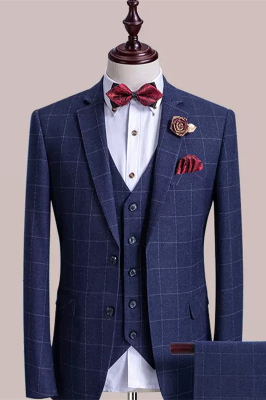 Three Pieces Notched Lapel Plaid Blue Business Suits