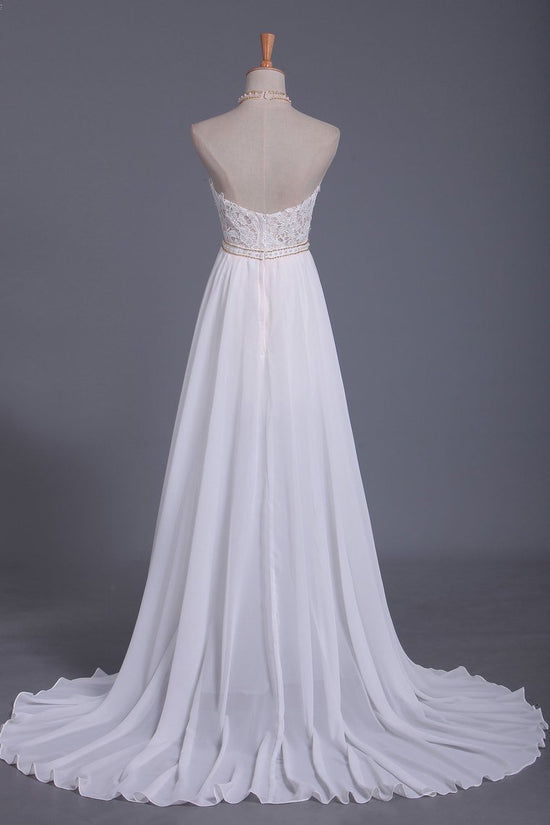Boho Halter Chiffon Lace Wedding Dress Beadings Appliques Sleeveless Ruffles Bridal Gowns On Sale-27dress