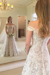 Boho Long Mermaid Off the Shoulder Lace Wedding Dress-27Dress