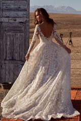 Boho Long Sleeves A-line Wedding Dress with Lace Applique From 27dress